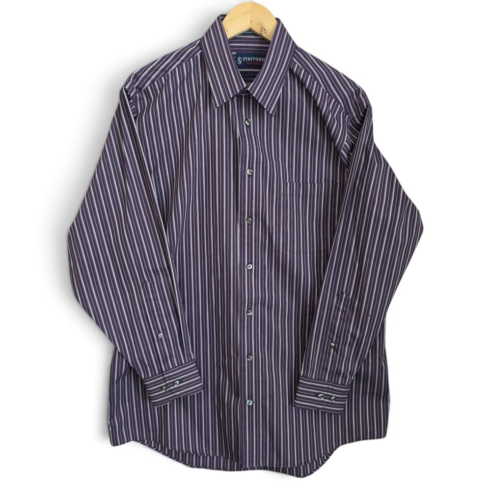 Stafford Dress Shirt Mens 16 32/33 Purple Striped Super Shirt Broadcloth Classic